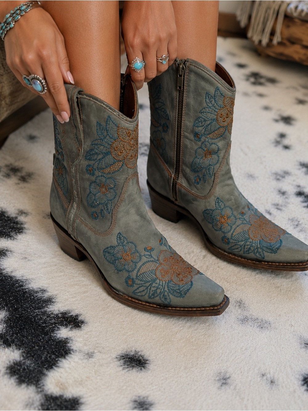 Circle G Olive Green Suede Floral Embroidered Western Ankle Boots